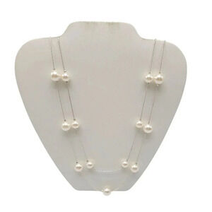 Long Pearl Station Necklace With Silver Plated Chain 36" RMN